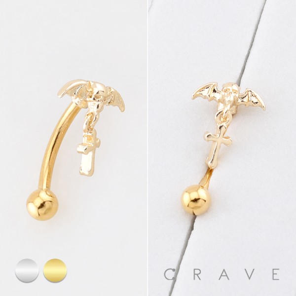 GOTHIC WINGED SKULL WITH DANGLING CROSS 316L SURGICAL STEEL CURVED BARBELL/EYEBROW GOTHIC WINGED SKULL WITH DANGLING CROSS 316L SURGICAL STEEL CURVED BARBELL/EYEBROW